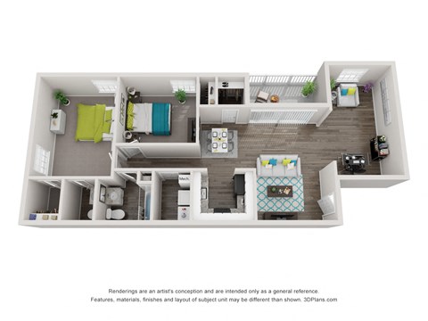 Floor plan for 2 beds, 1.5 baths, 1069 sqft